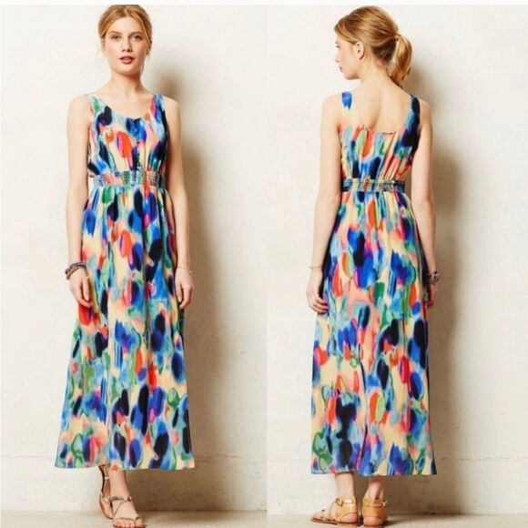Anthropologie Dresses & Skirts - Anthropologie Maeve Silk Aloisia Watercolor Maxi Dress w/ Peekaboo Skirt Size 2P